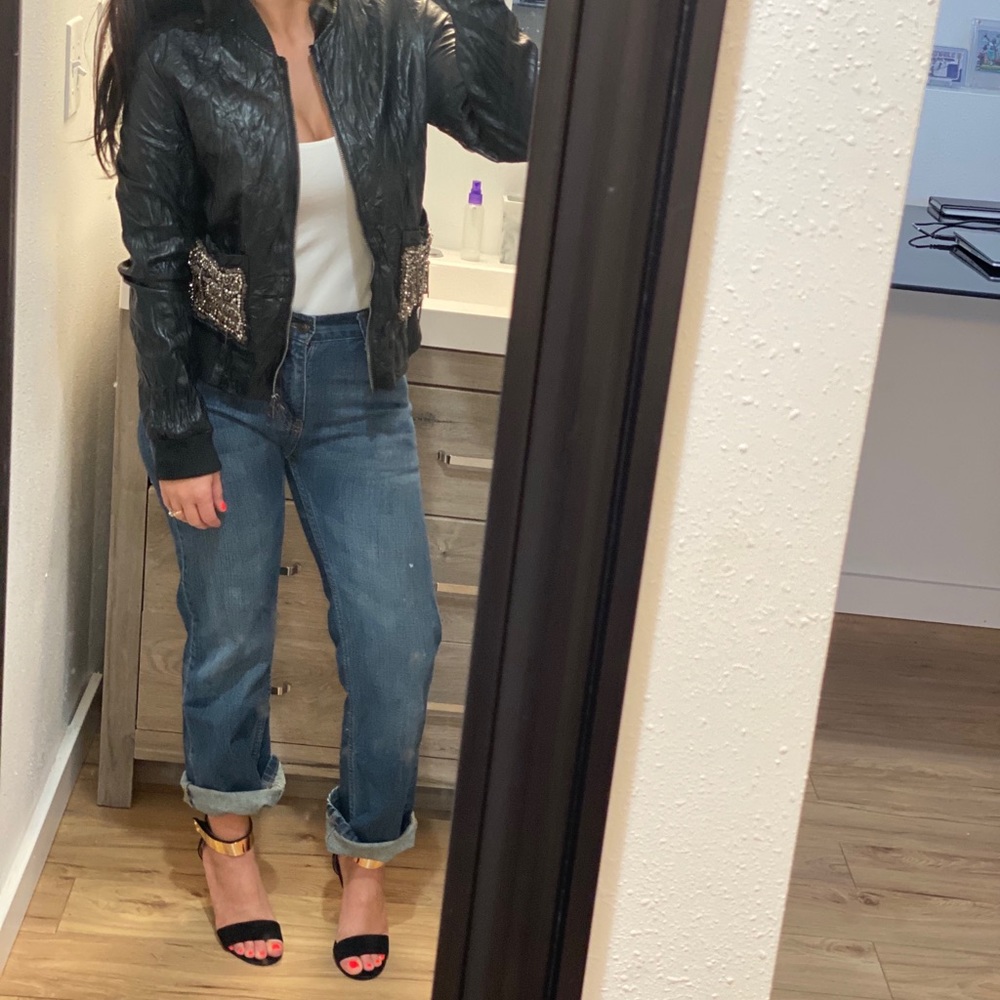 Topshop moto bomber vegan leather bead stud jacket - Picture 2 of 8